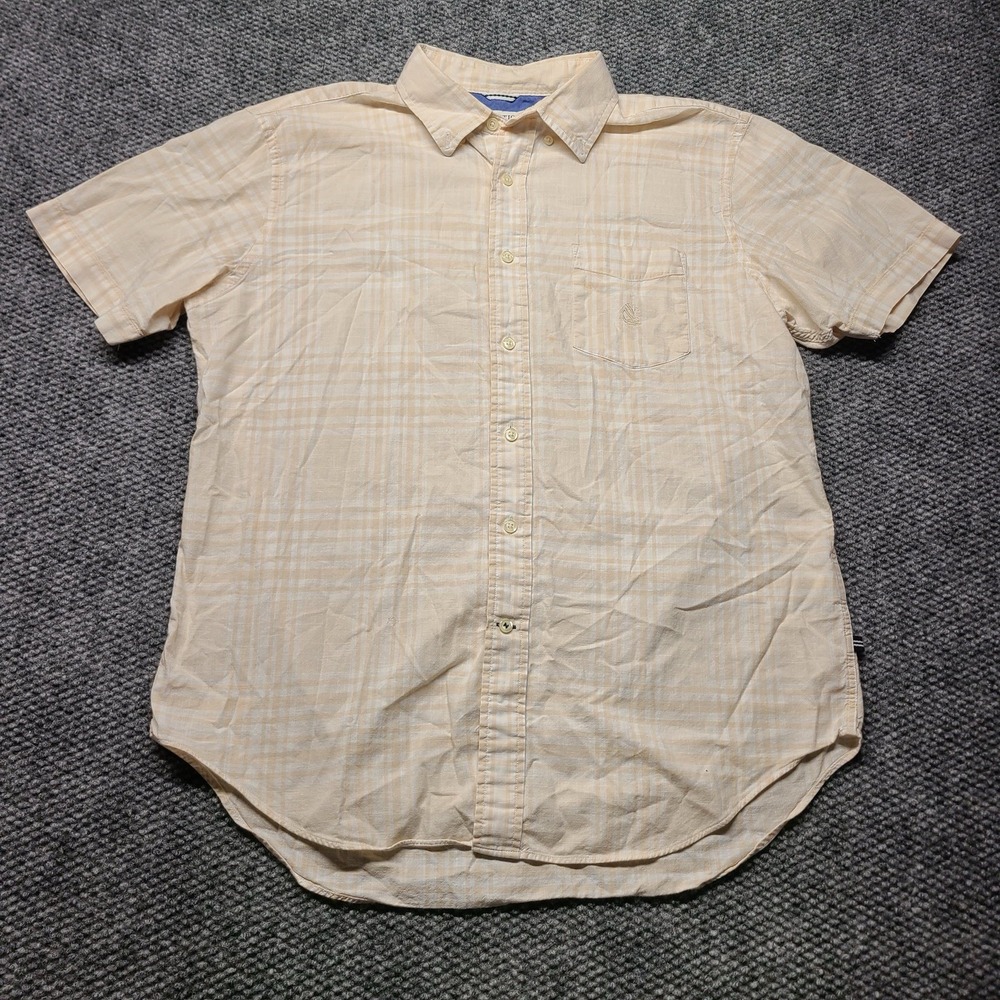 Nautica Button Up Shirt Mens Yellow Print Plaid Short Sleeve L Coastal Preppy